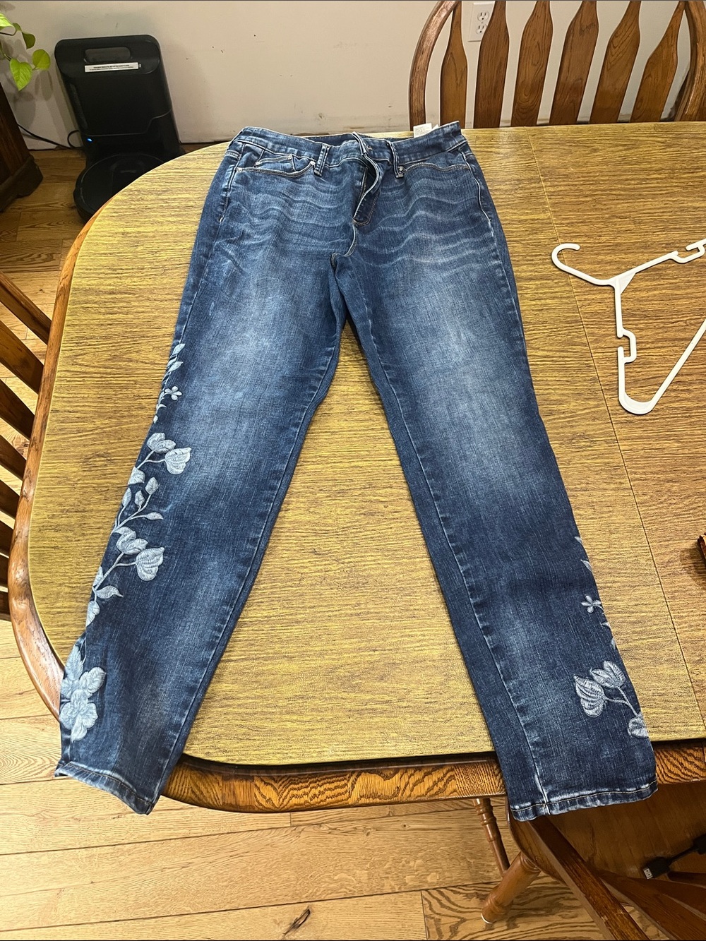 Chico's Indigo Straight-Leg Jeans with White Floral Side Embroidery